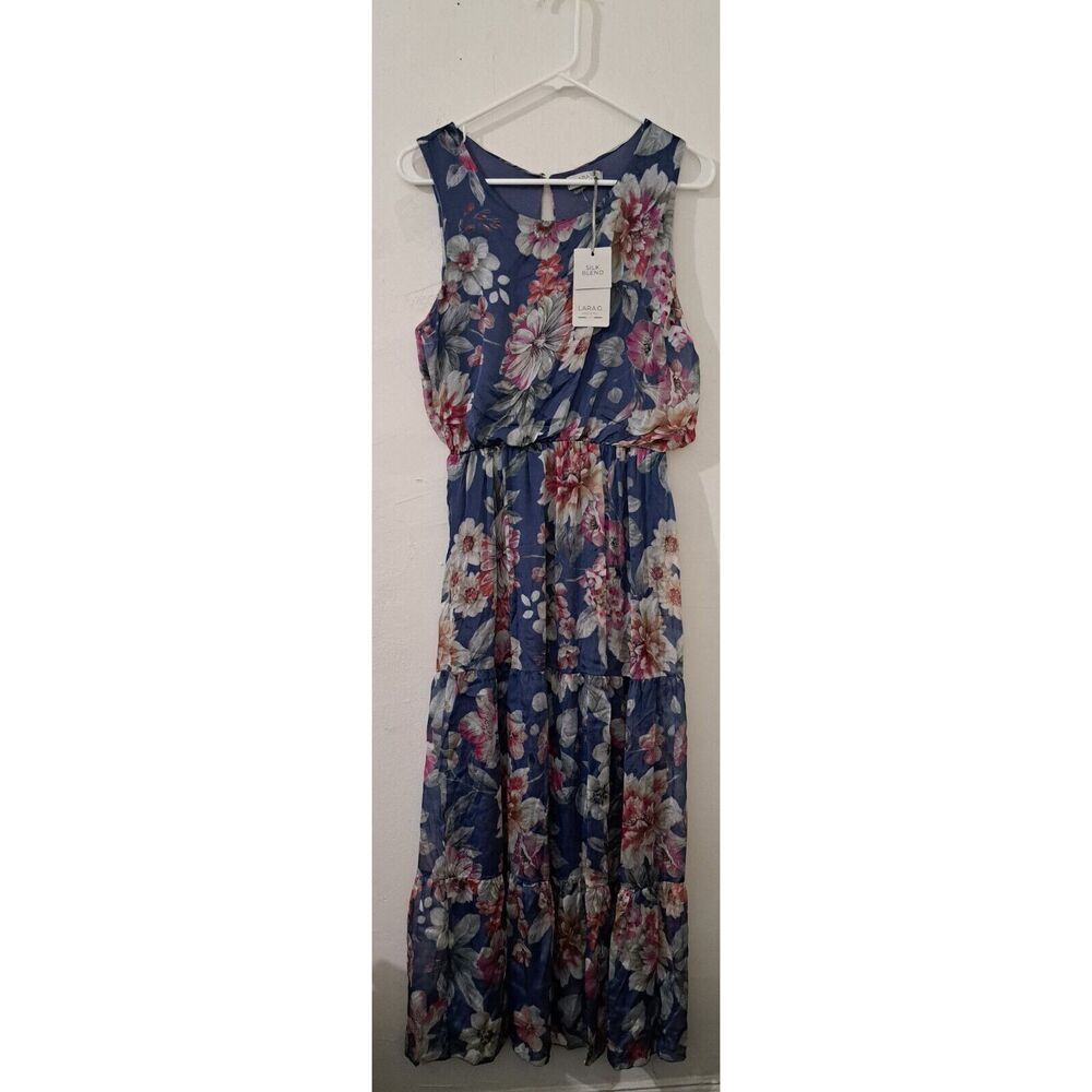 Lara G Floral Silk Blend womens medium Maxi fairy dress blue Pink long tiered